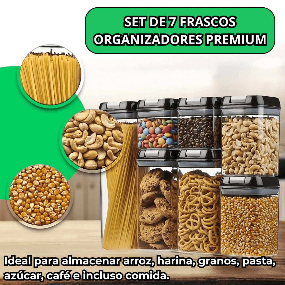 Set de 7 Frascos Organizadores Premium – Almacena Menestras, Alimentos y Más sin Derrames